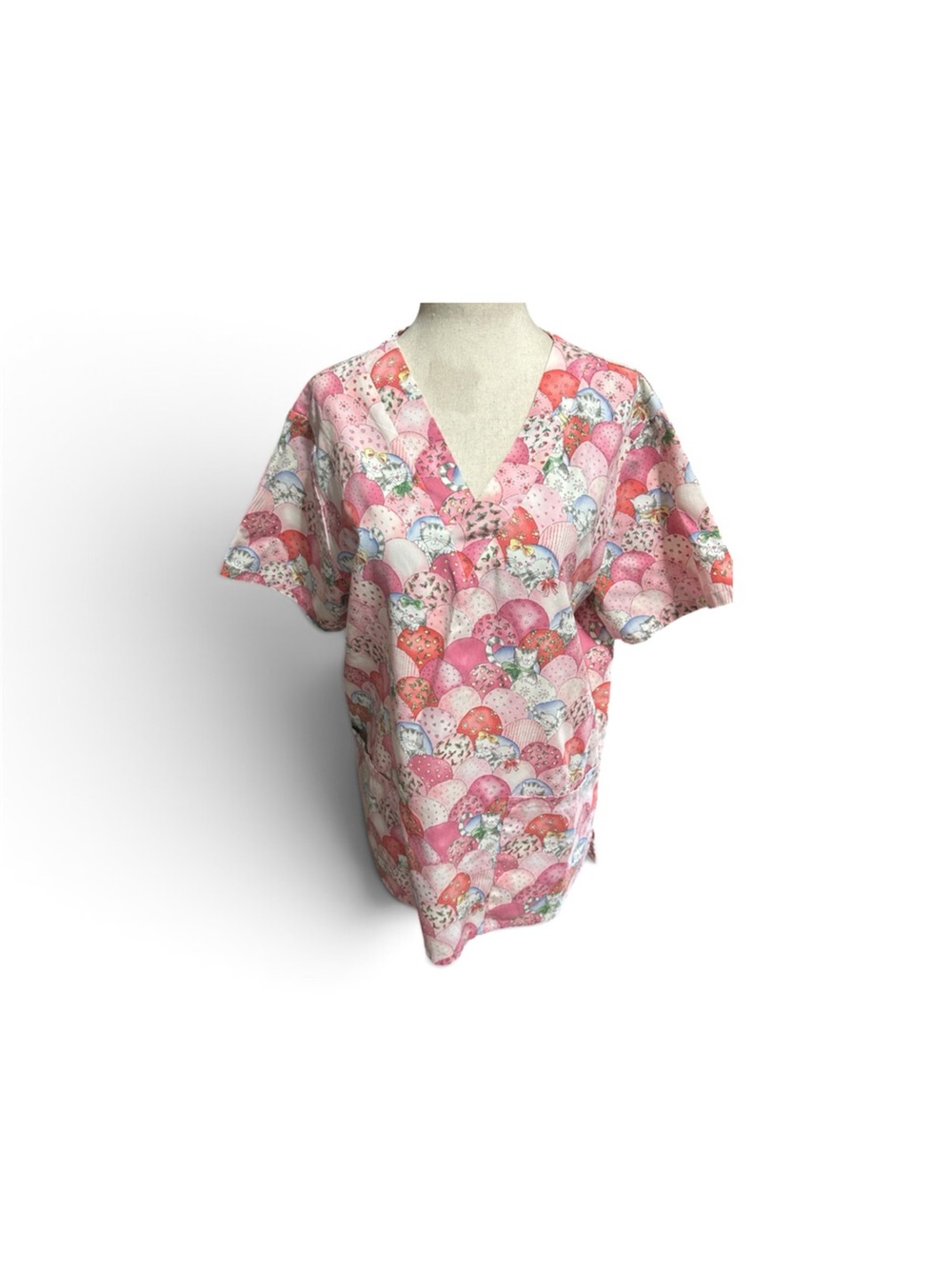 Women Pink Patterned V-Neck Uniform Scrub Top Small